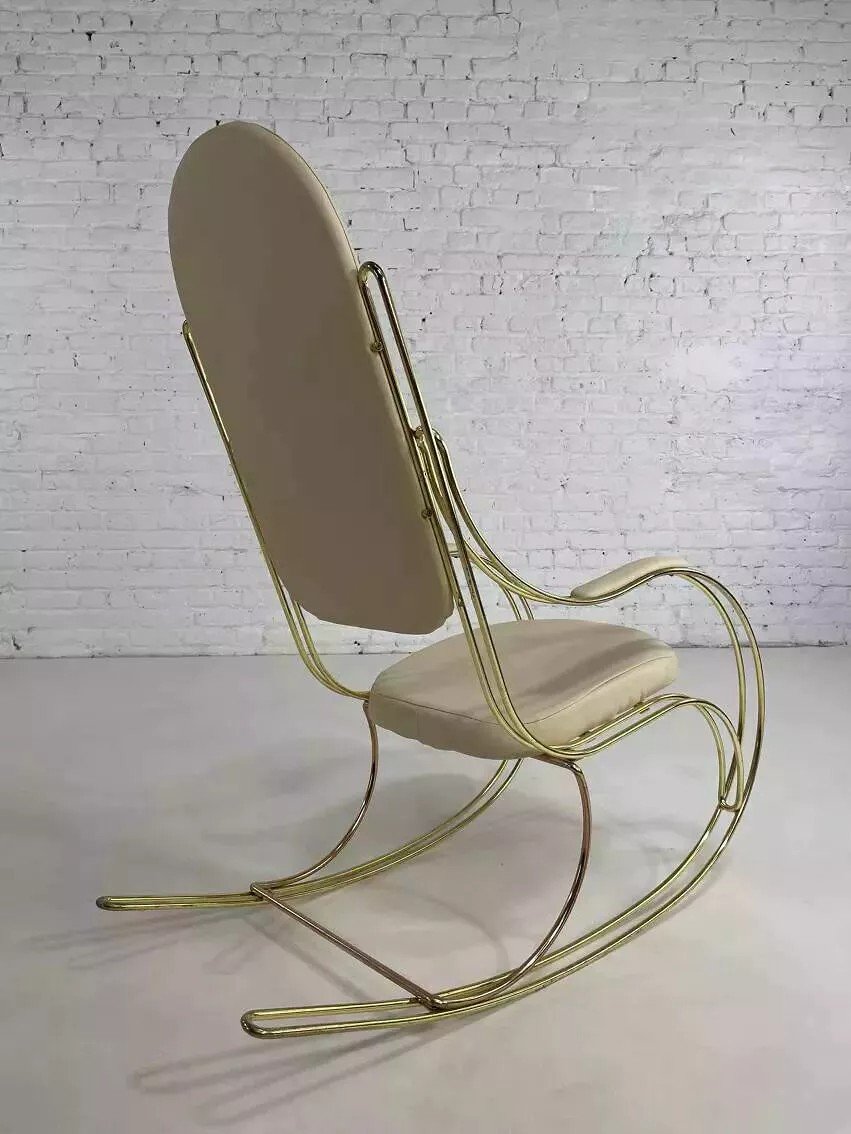 60s Rocking Chair In Brass And Ecru Faux Leather-photo-1
