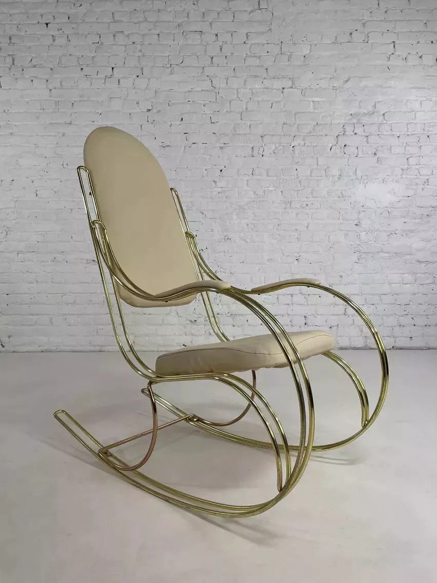 60s Rocking Chair In Brass And Ecru Faux Leather-photo-3