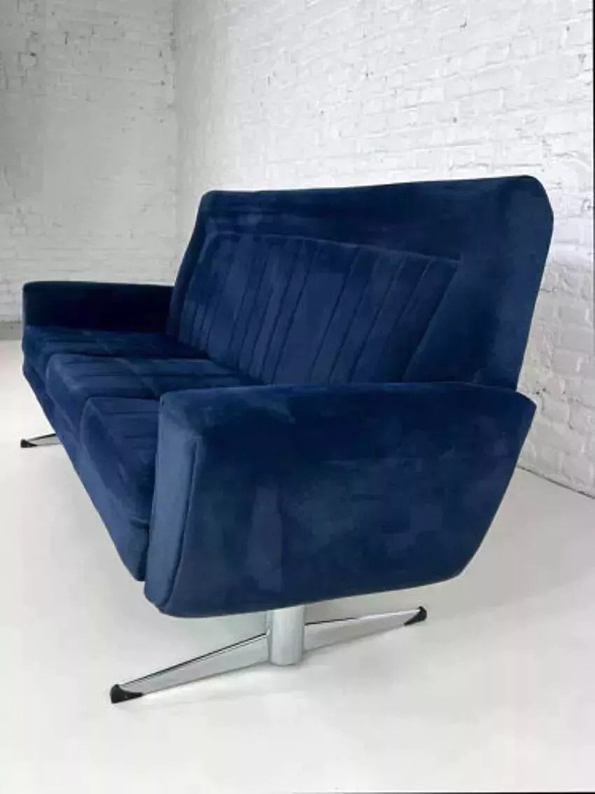Canapé Style Scandinave Des Années 50 - 60 En Tissu Bleu Et Piètement-photo-8
