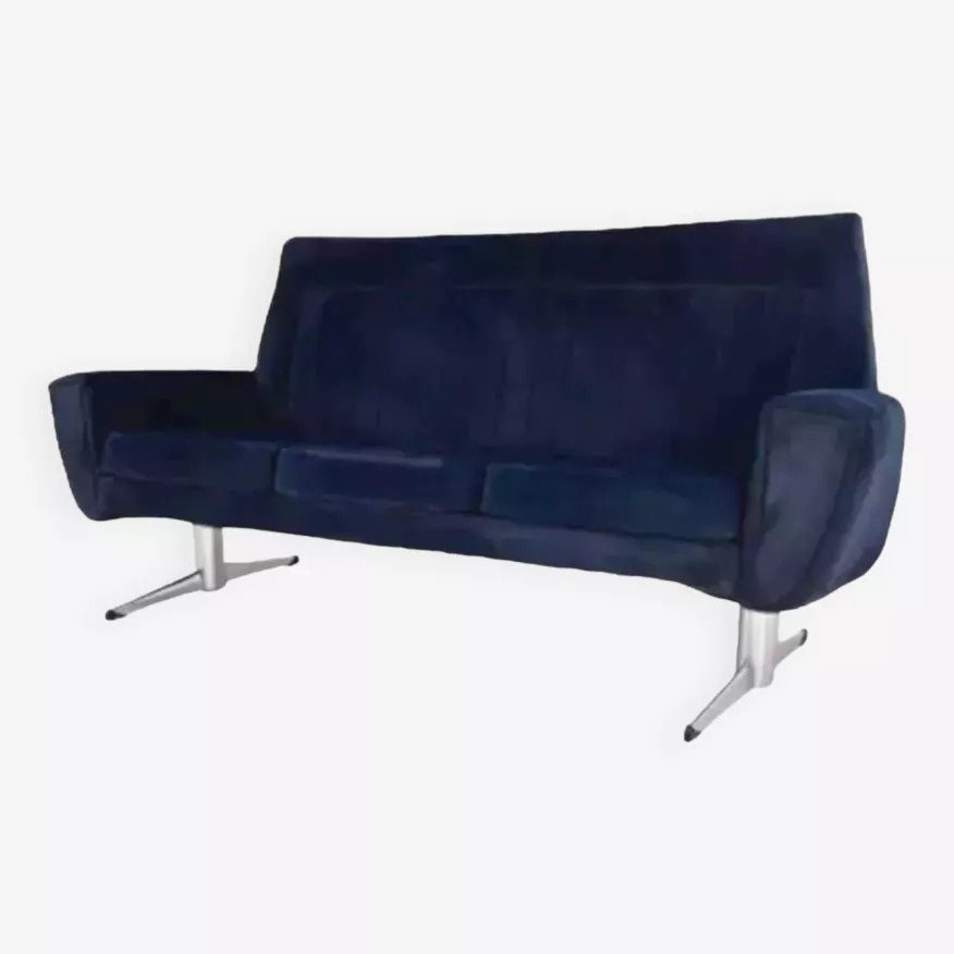 Canapé Style Scandinave Des Années 50 - 60 En Tissu Bleu Et Piètement