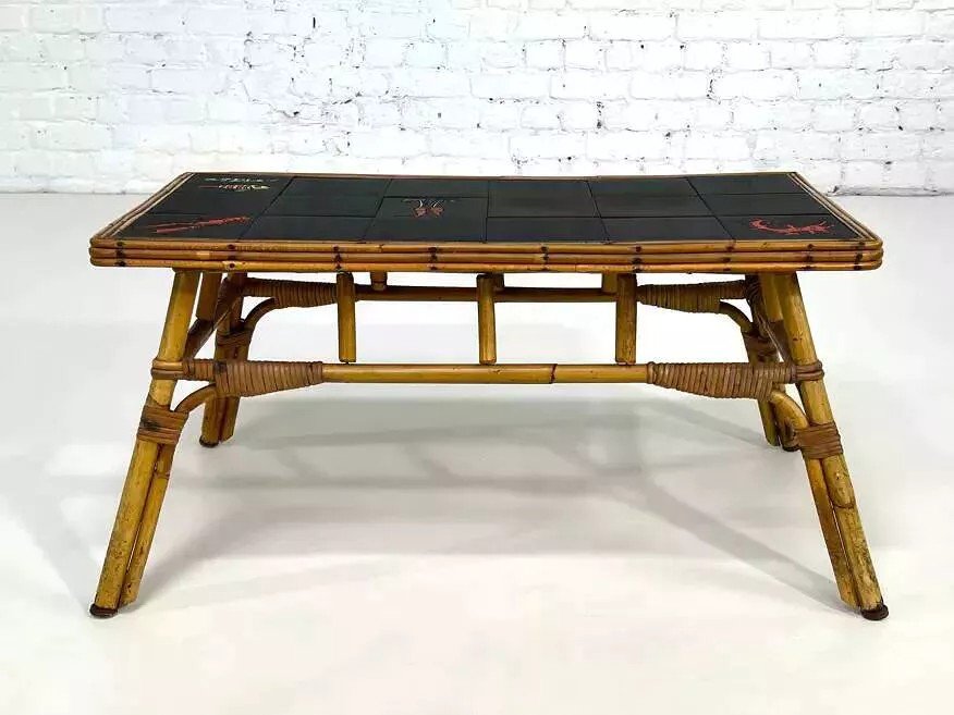 50s/60s Coffee Table In Rattan And Ceramic-photo-8