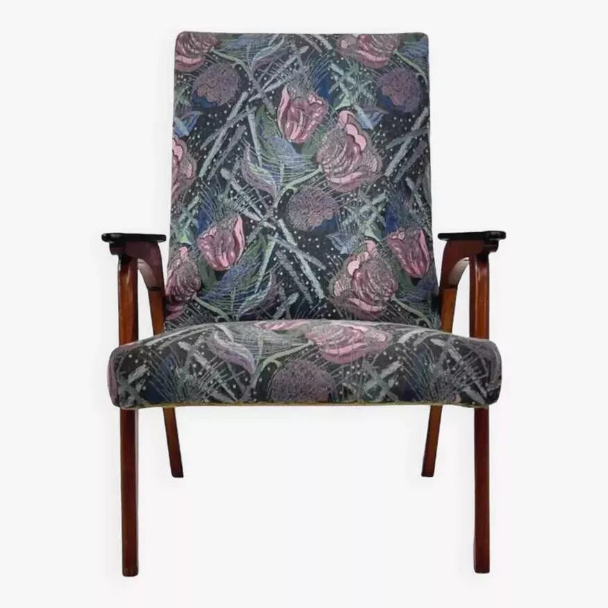 50s - 60s Armchair In Wood And Fabric-photo-2