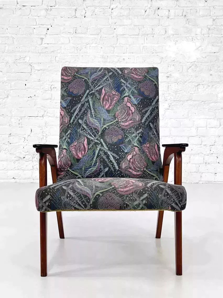 50s - 60s Armchair In Wood And Fabric-photo-3