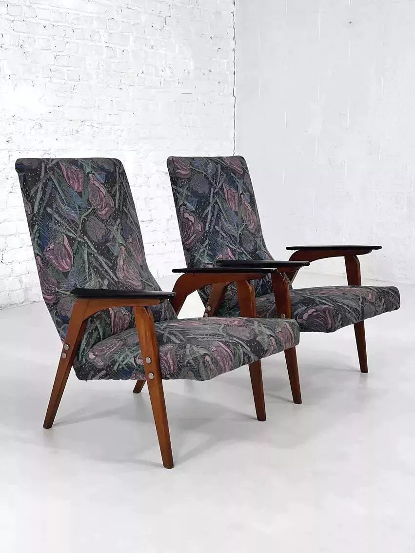 50s - 60s Armchair In Wood And Fabric-photo-3