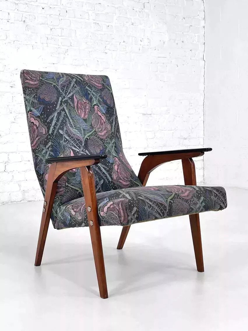 50s - 60s Armchair In Wood And Fabric-photo-5