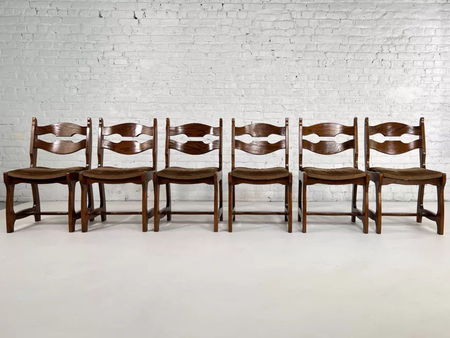Set Of 6 50s Chairs In Oak And Velvet-photo-8