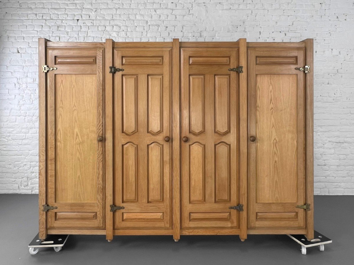 Oak And Brass Armoire By Guillerme Et Chambron, 1960s