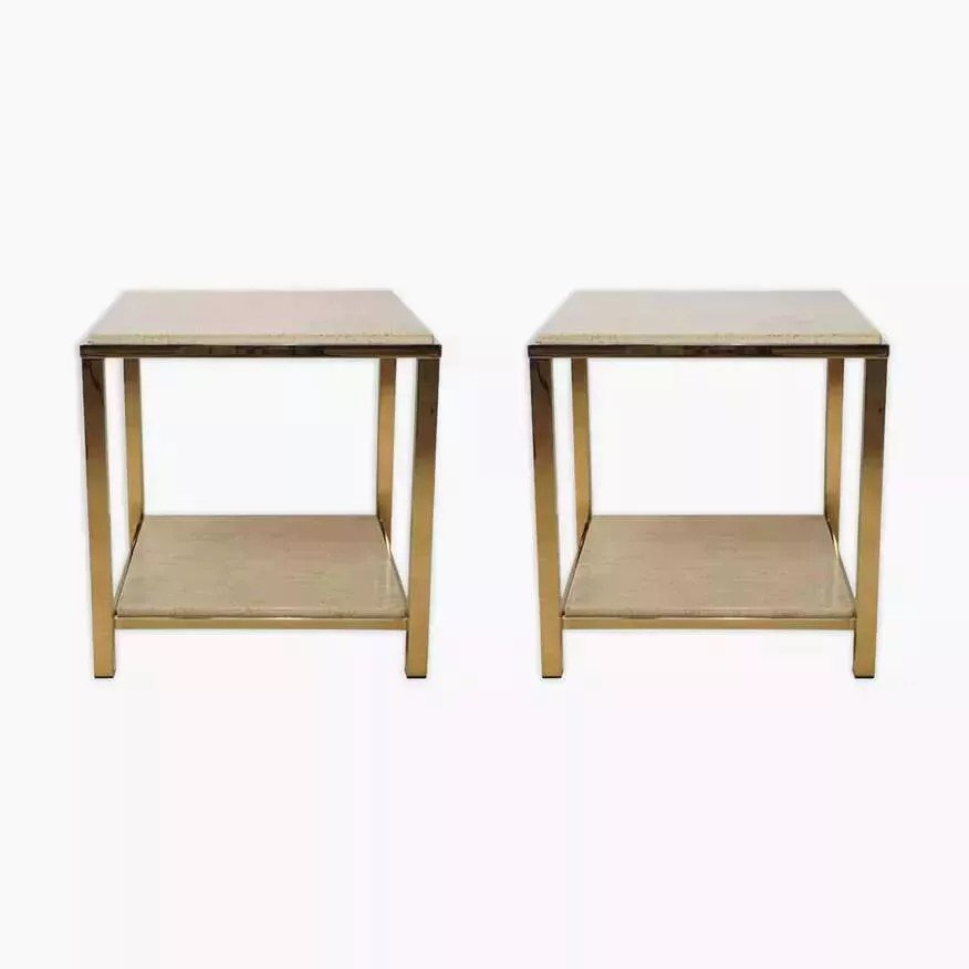 Pair Of Travertine And 24k Gold Plated End Tables-photo-1