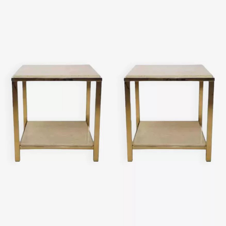 Pair Of Travertine And 24k Gold Plated End Tables