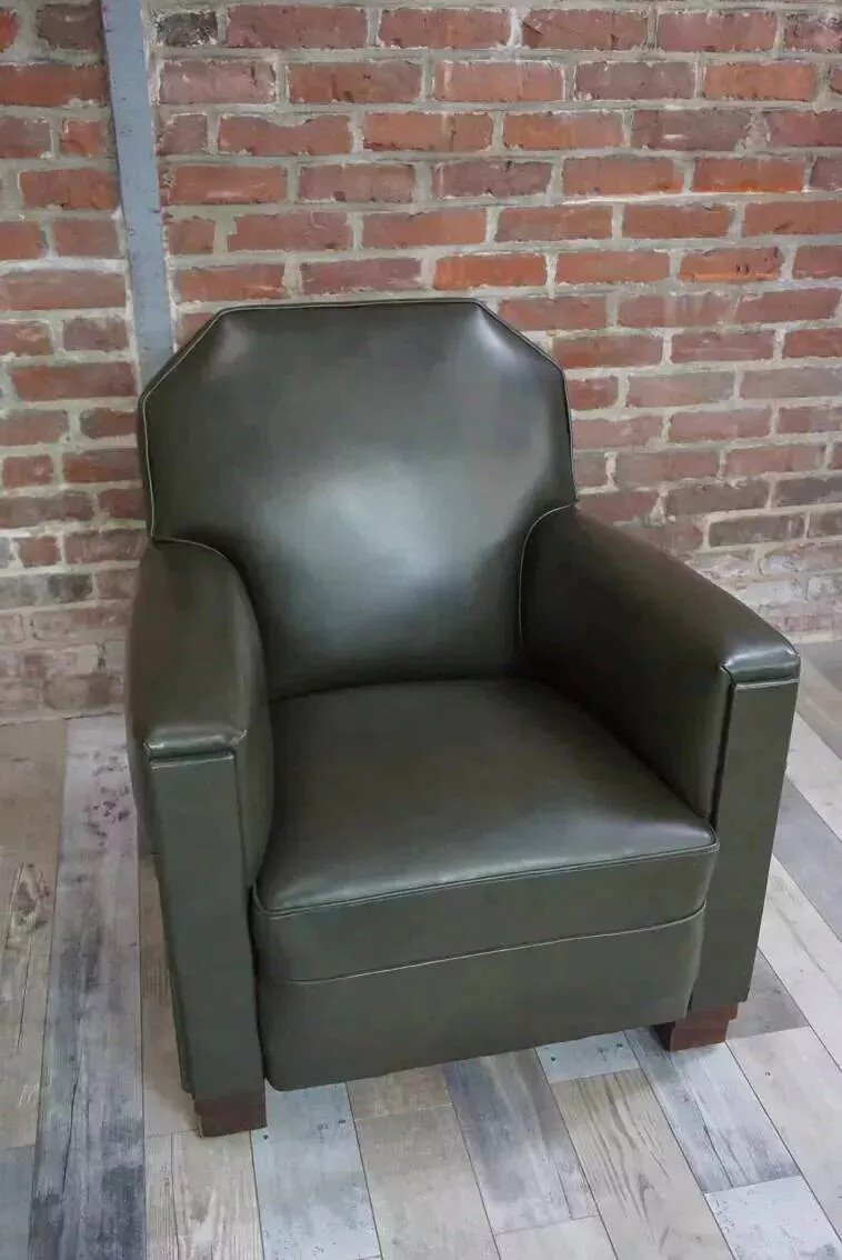 Art Deco Club Armchair In Leatherette And Wood-photo-7