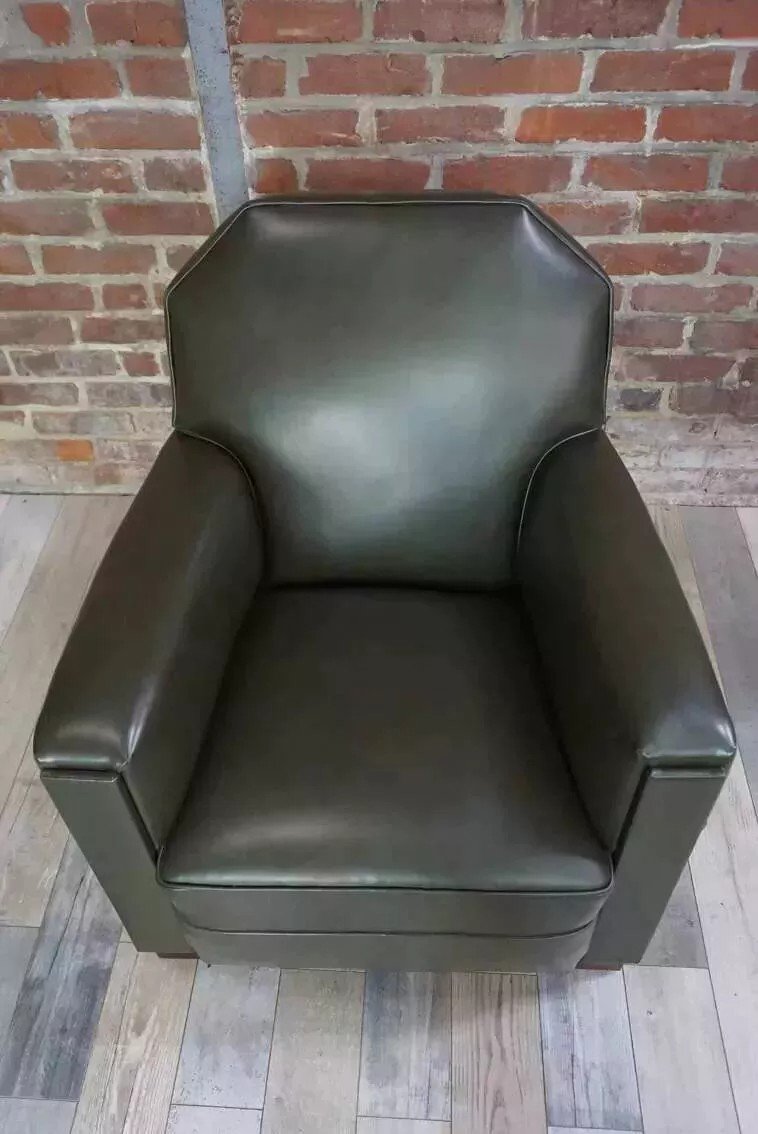 Art Deco Club Armchair In Leatherette And Wood-photo-8