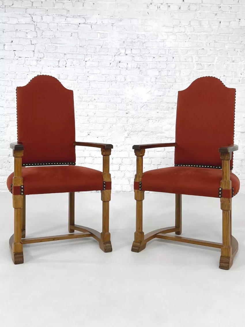 Set Of 6 Chairs And 2 High-backed Armchairs In Oak And Fabric-photo-1