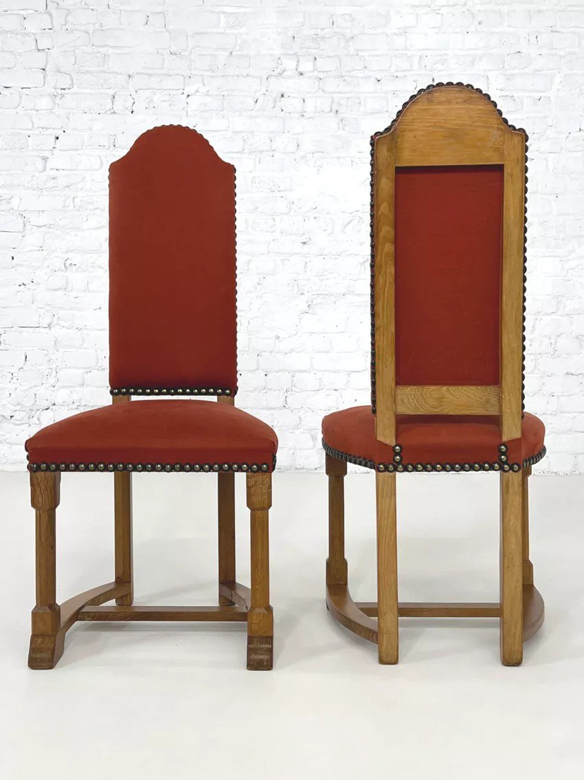 Set Of 6 Chairs And 2 High-backed Armchairs In Oak And Fabric-photo-5