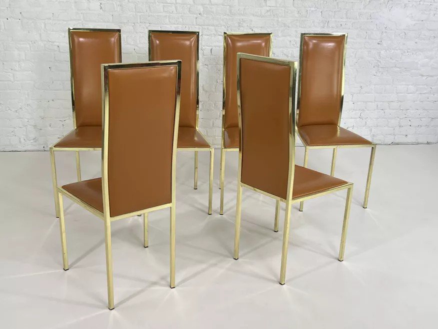 Suite De 6 Chaises Laiton Et Cuir Design Italien Des Années 70 Par Renato Zevi-photo-7