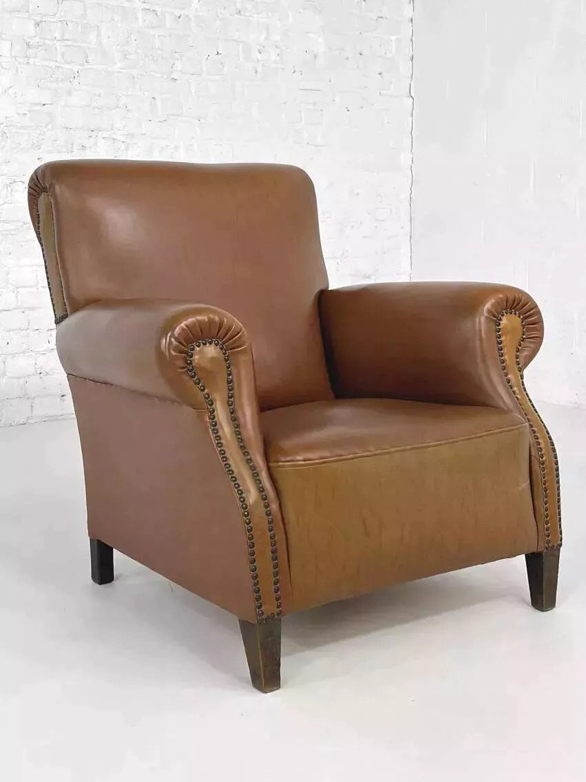 Pair Of 50s Club Armchairs In Faux Leather And Wood-photo-6
