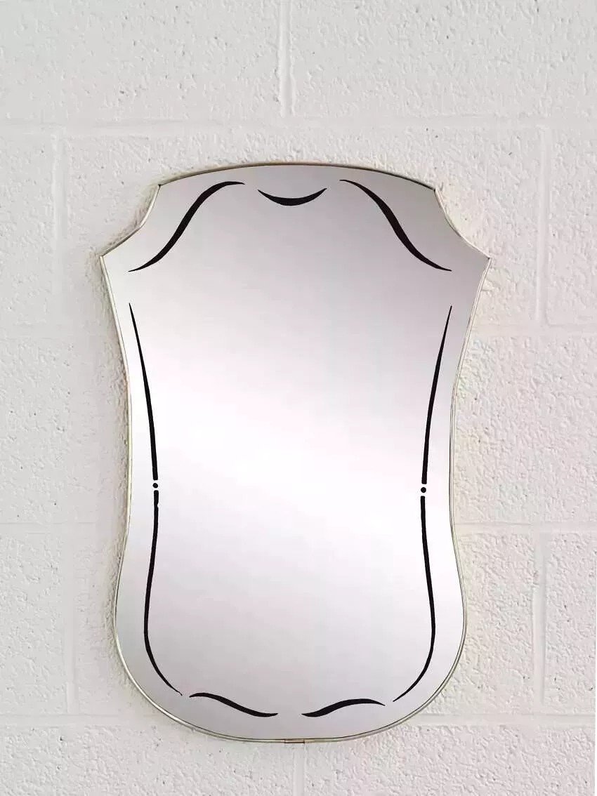 Miroir Rétroviseur Et Sérigraphié De Forme Libre Années 60 Sur Cadre Doré-photo-2
