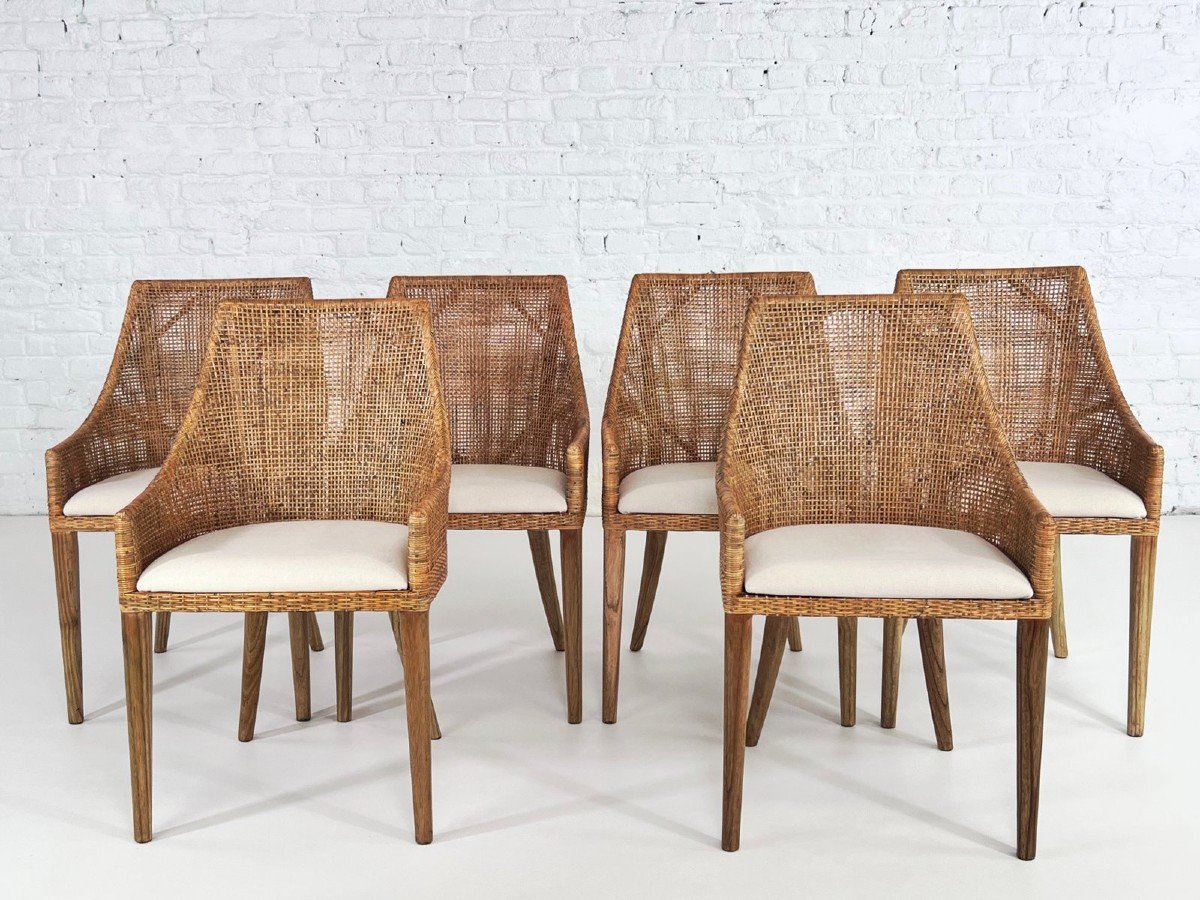 Rattan And Wood Chairs, France, Set Of 6-photo-1