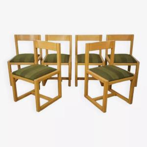 Suite Of 6 Modernist Wood And Fabric Chairs From The 60s