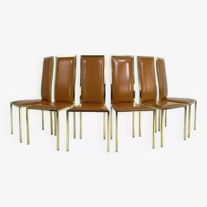 Suite Of 6 Italian Design Brass And Leather Chairs From The 70s By Renato Zevi