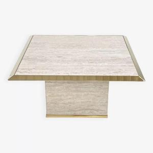 1970s Square Coffee Table In Travertine And Brass