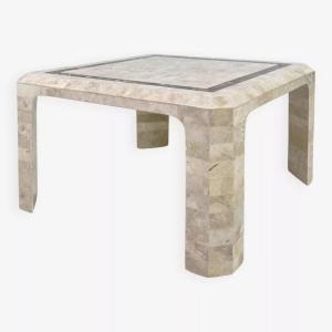 Square Coffee Table From The 70s - 80s In Stone Marquetry And Brass