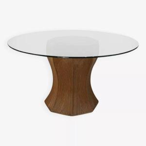 Round Table From The 60s - 70s In Rattan And Glass