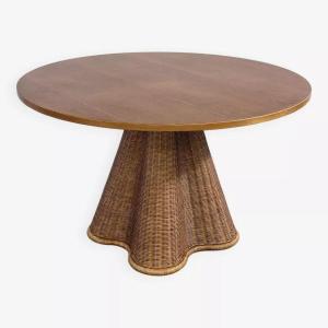 Italian Design Round Table In Wood And Rattan
