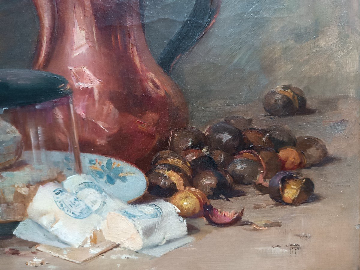 Jean Frédéric Couty (1829-1904) ''Nature morte aux fromages et châtaignes''-photo-4