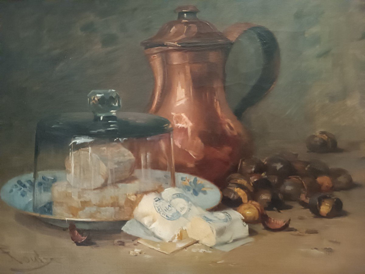 Jean Frédéric Couty (1829-1904) ''Nature morte aux fromages et châtaignes''