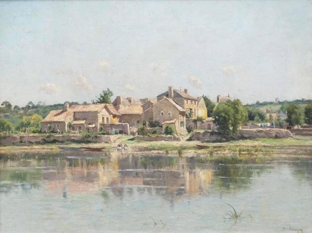 Jacques Adrien Sauzay (1841-1928) ‘’Les lavandières sur fond de village’’ -photo-2