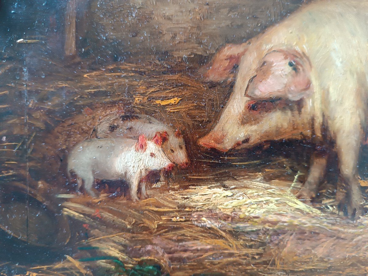 19th Century French School ''mother Pig And Piglets''-photo-2