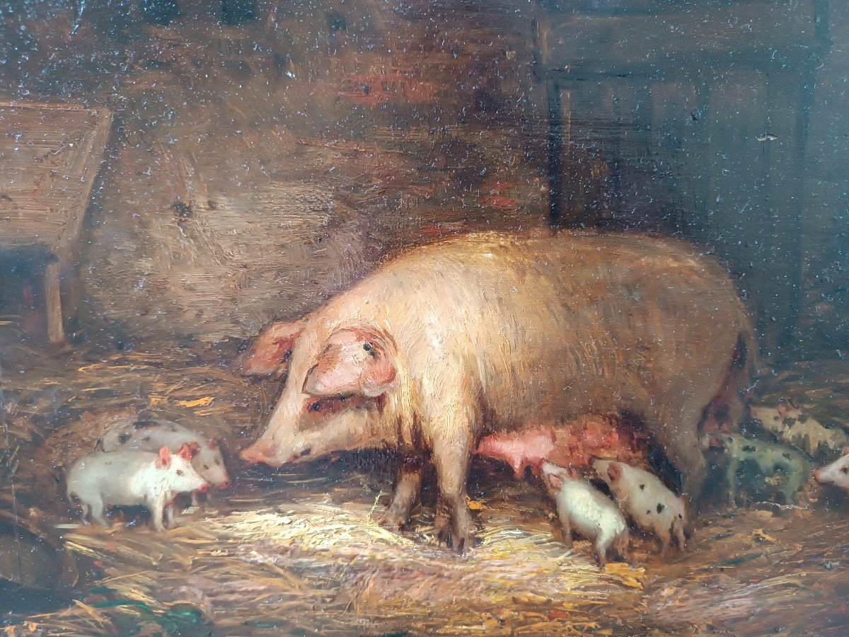 19th Century French School ''mother Pig And Piglets''