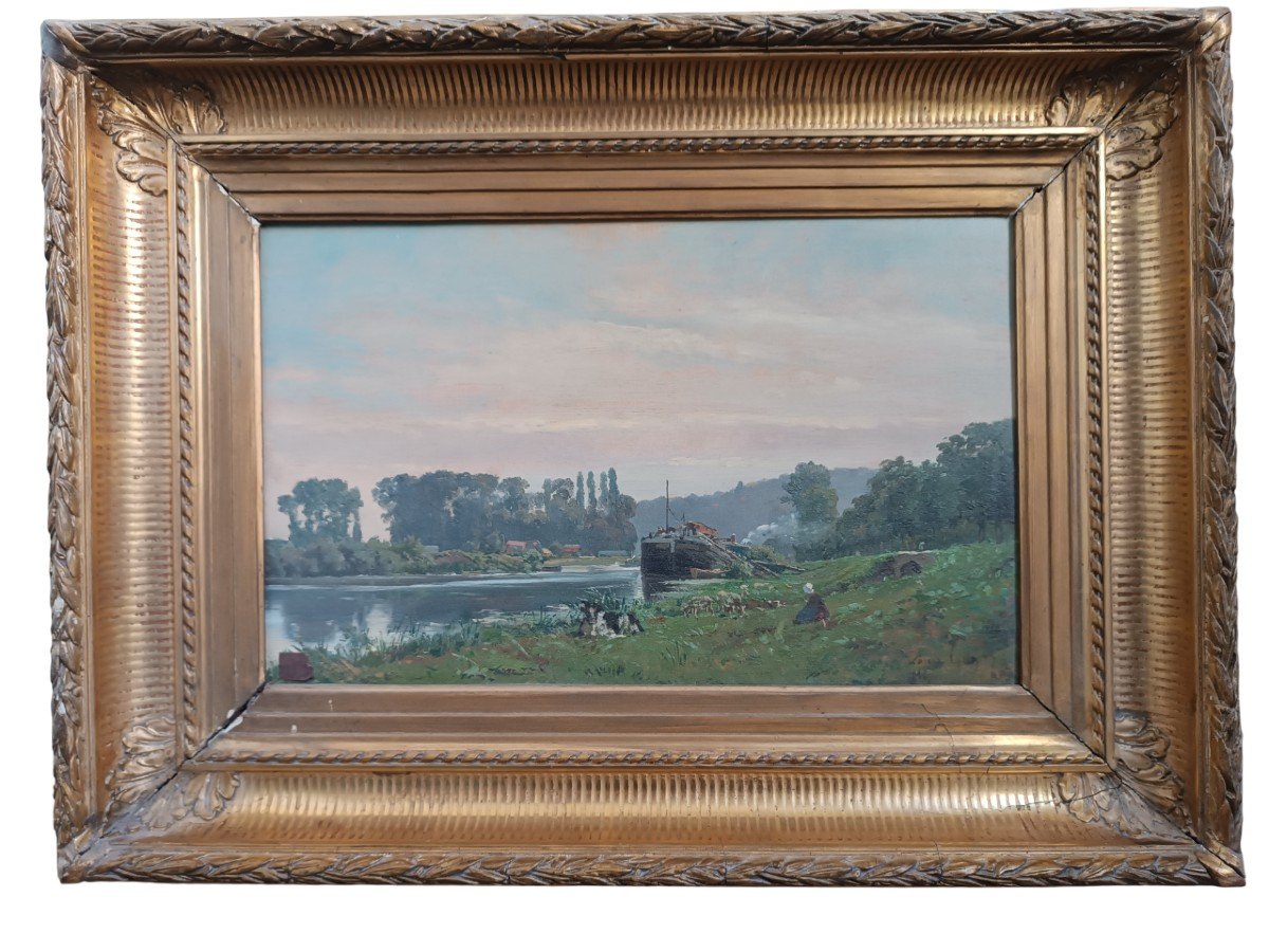 Louis Guy (1824-1888) ''shepherdess By The Seine River''-photo-3