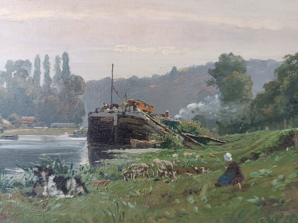 Louis Guy (1824-1888) ''Gardienne de troupeau au bord de la Seine''-photo-3