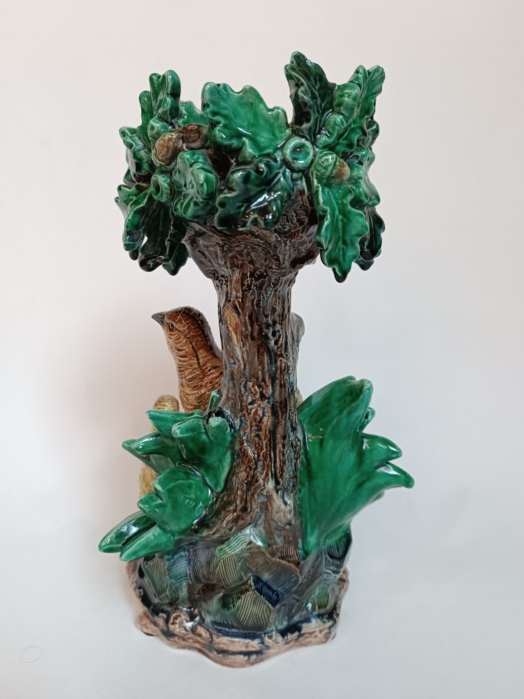 Majolica - Hugo Lonitz Table jardinière stand with partridges, oak tree (Circa 1880)-photo-2