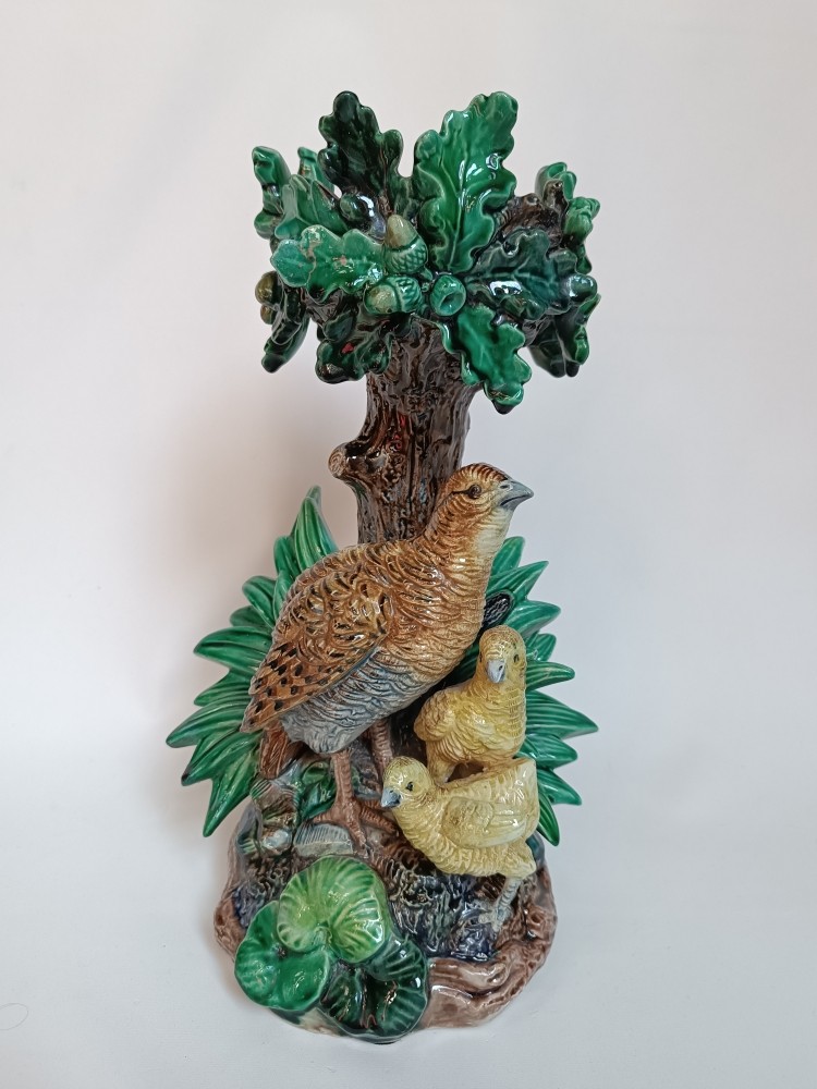 Majolica - Hugo Lonitz Table jardinière stand with partridges, oak tree (Circa 1880)-photo-3