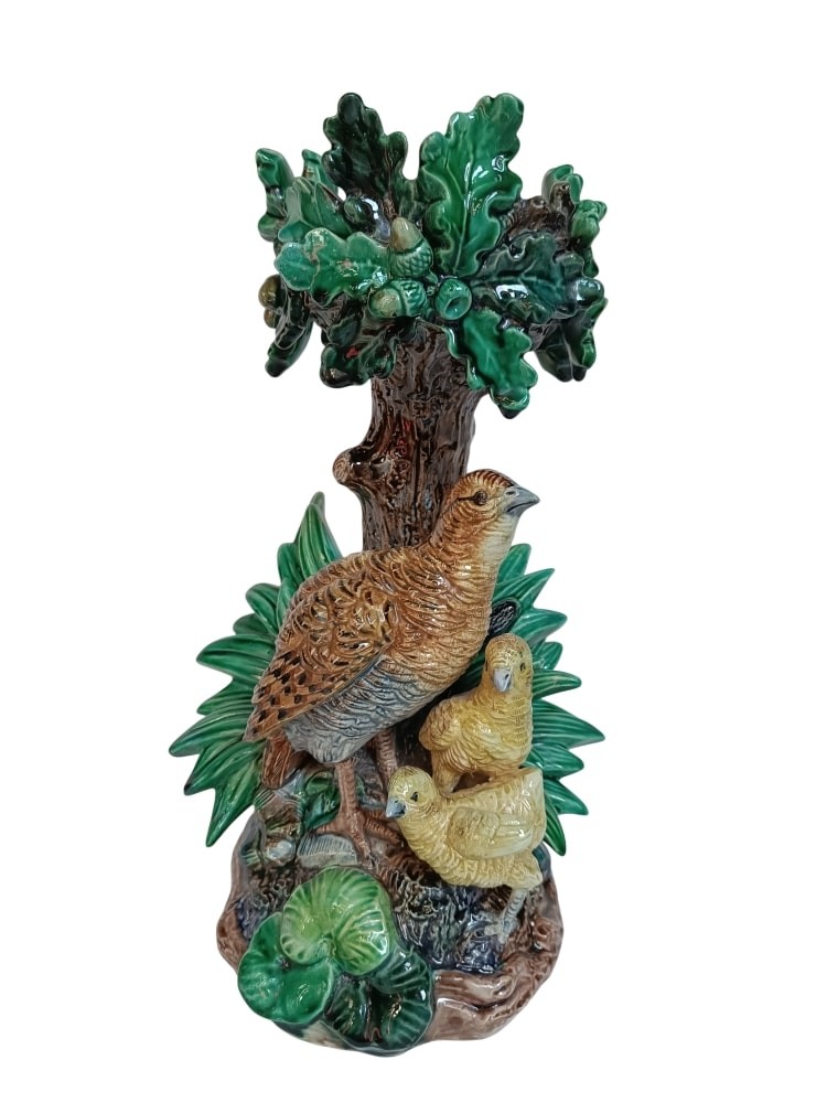 Majolica - Hugo Lonitz Table jardinière stand with partridges, oak tree (Circa 1880)
