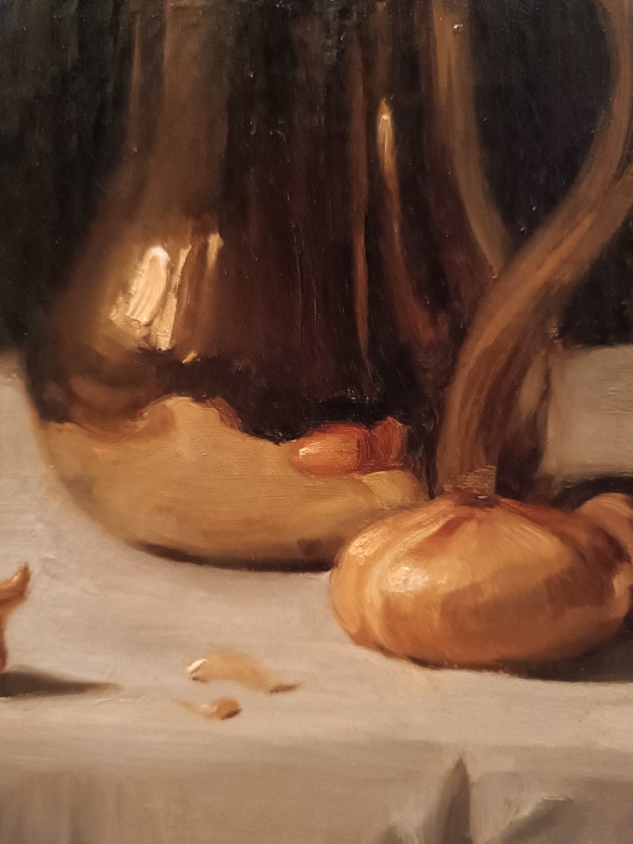 Franck Bail (1858-1924) ''nature Morte Au Broc Et Oignons Sur Un Entablement''-photo-2