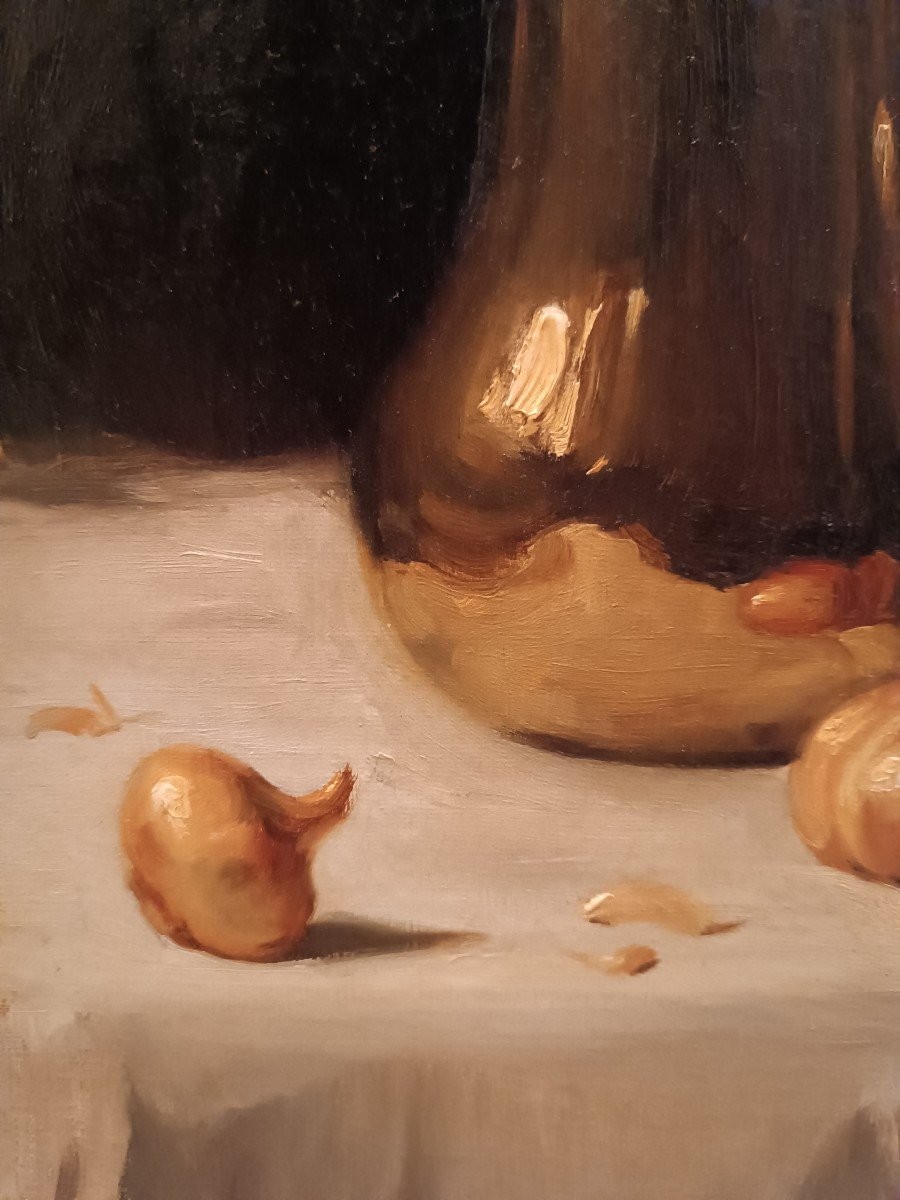 Franck Bail (1858-1924) ''nature Morte Au Broc Et Oignons Sur Un Entablement''-photo-3