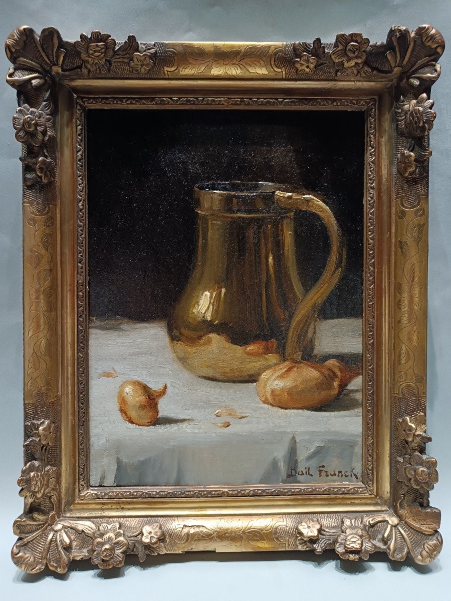 Franck Bail (1858-1924) ''nature Morte Au Broc Et Oignons Sur Un Entablement''-photo-4