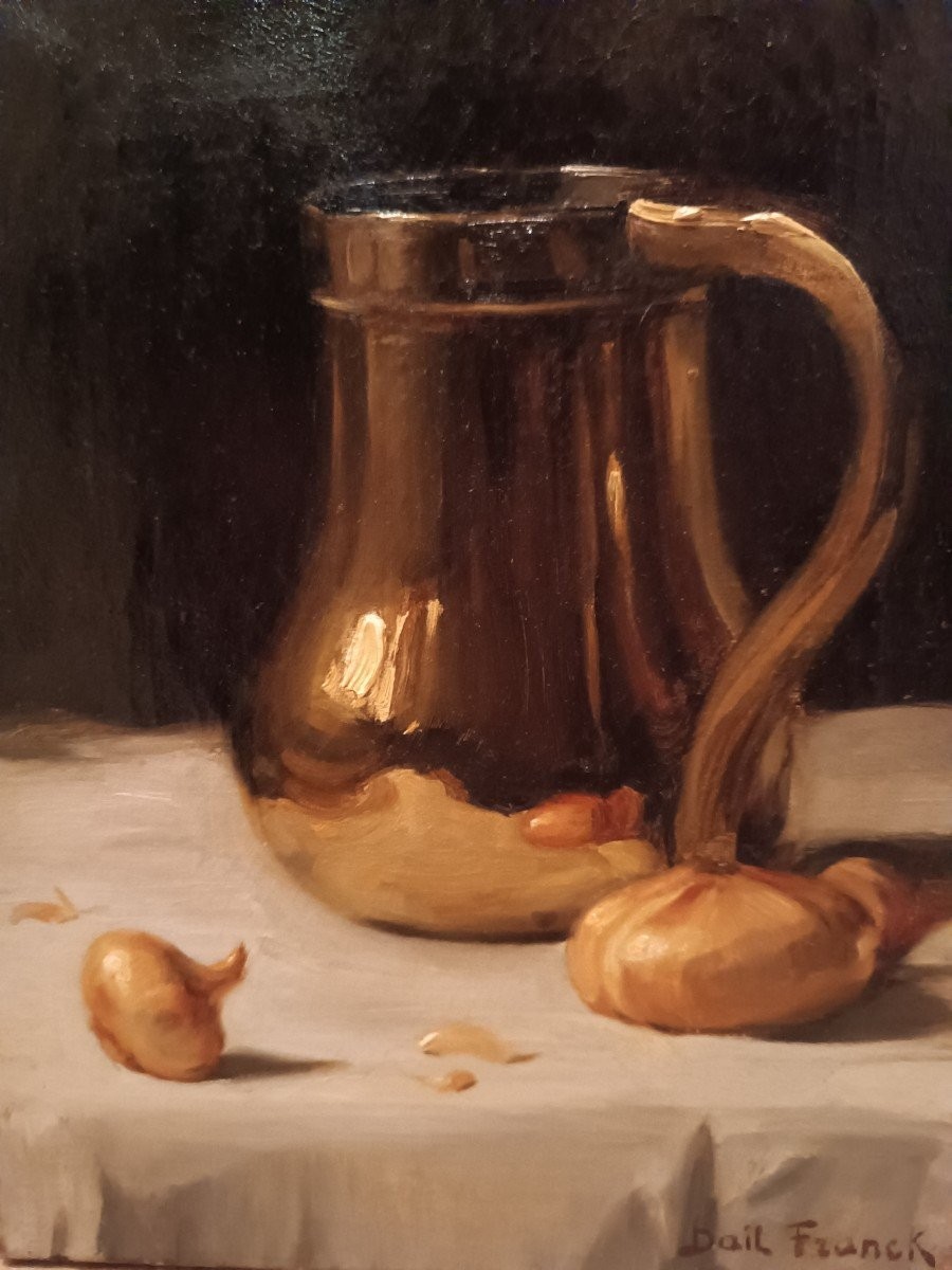 Franck Bail (1858-1924) ''nature Morte Au Broc Et Oignons Sur Un Entablement''