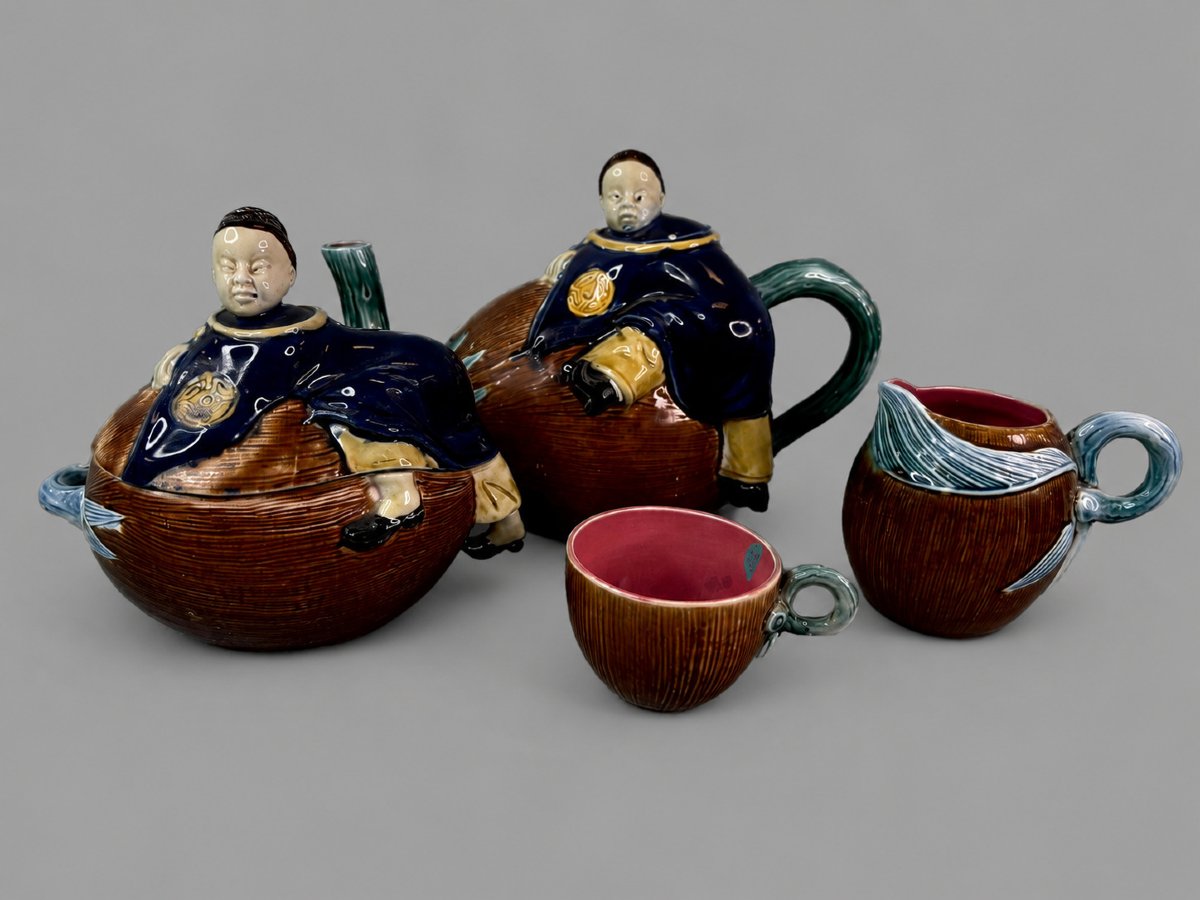 Majolica - Chinaman Climbing On A Coconut Tea Service Design By Joseph Holdcroft (circa 1880)