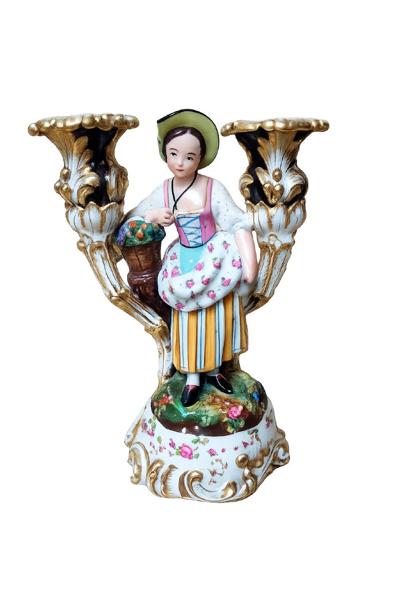 Two-light Candlestick In Polychrome And Gilded Porcelain Attributed To Jacob Petit (1796–1868)