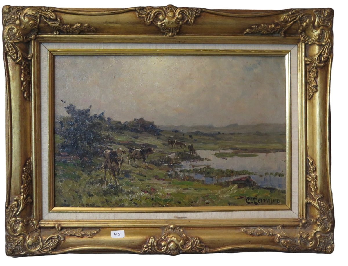 Clovis Terraire (1858 - 1931) ‘’Vaches au bord de l'étang’’ 