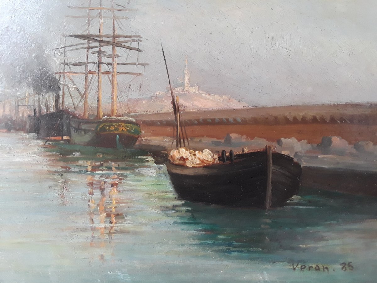 ‘’La digue du Large à Marseille’’ huile sur carton signée Veran datée 1887-photo-2