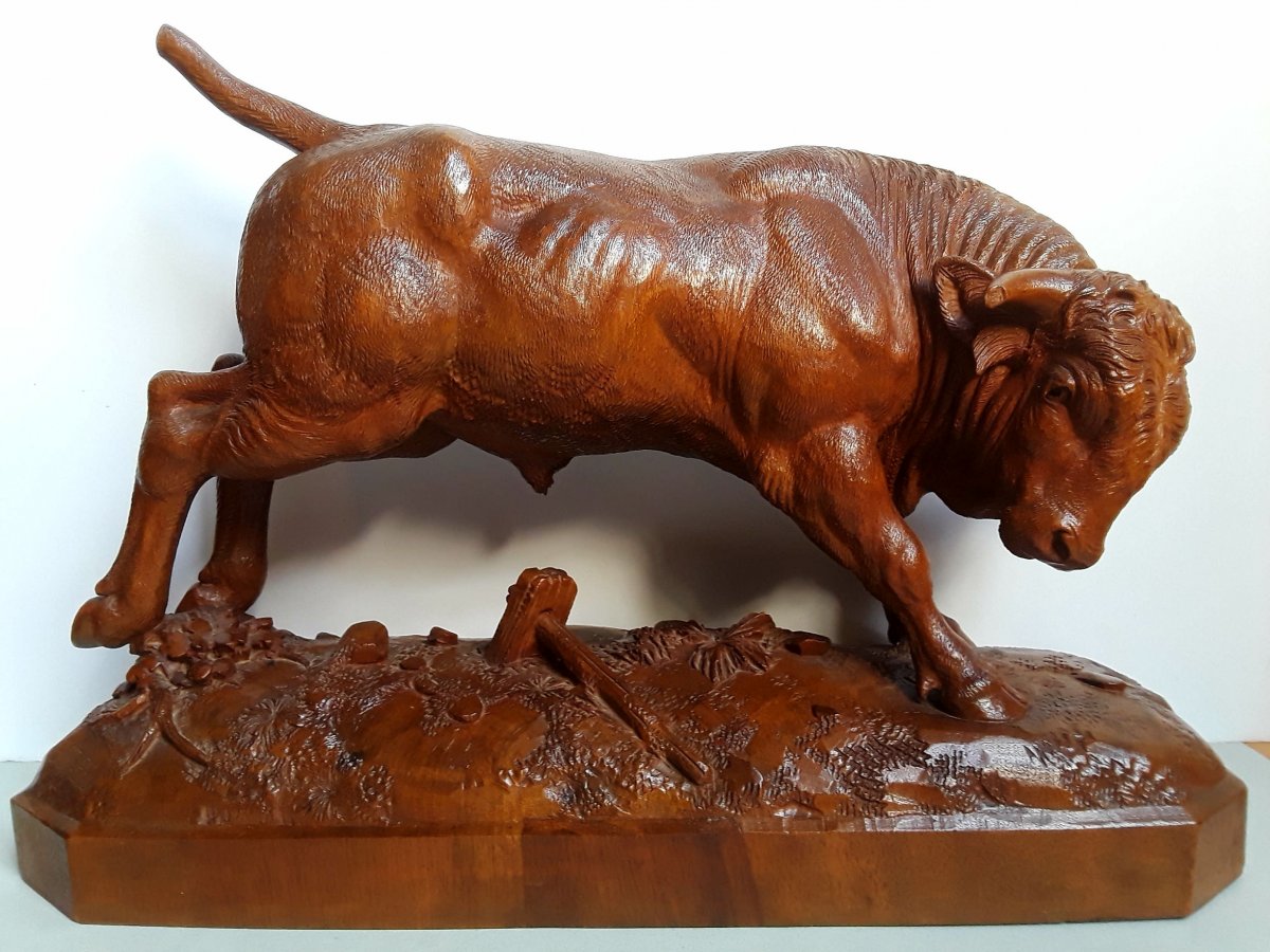 A Museum Quality Swiss Black Forest Walnut Standing Bull Carving Signed G. Staehli (circa 1880)-photo-2