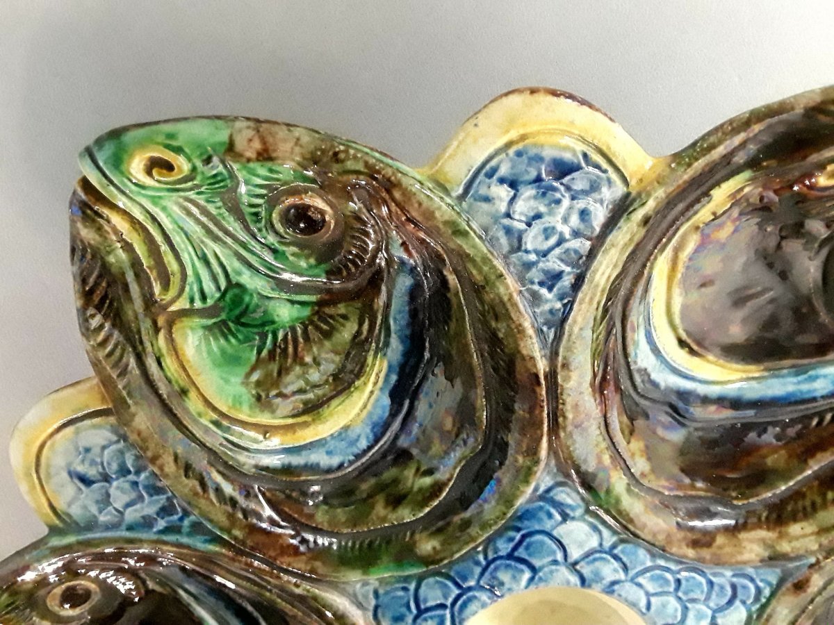 Majolica – Assiettes à huitres barbotine têtes de poissons (circa 1880)-photo-1