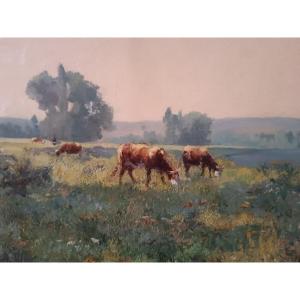  Louis Le Poittevin (1847-1909) Vaches au pré devant l'étang