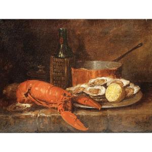 French School 19th Century ‘’still Life With Lobster And Oysters’’ 