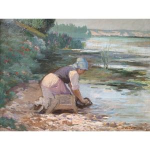 Louis Le Poittevin (1847-1909) ‘’Lavandière sur les berges de Seine’’